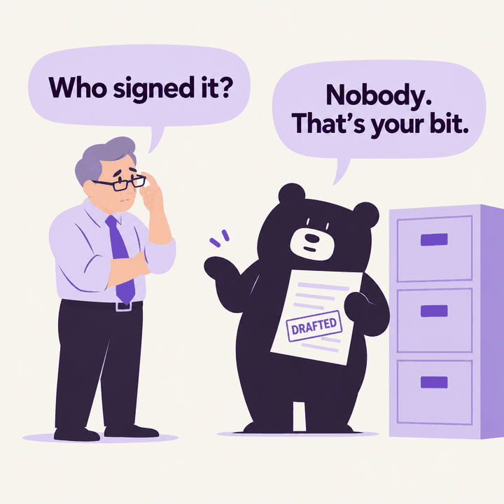Cream and purple editorial illustration of a professional partner in reading glasses facing Mr Beanz beside a filing cabinet. The partner asks, “Who signed it?” The small plum bear holds a letter stamped “DRAFTED” and replies, “Nobody. That’s your bit.”