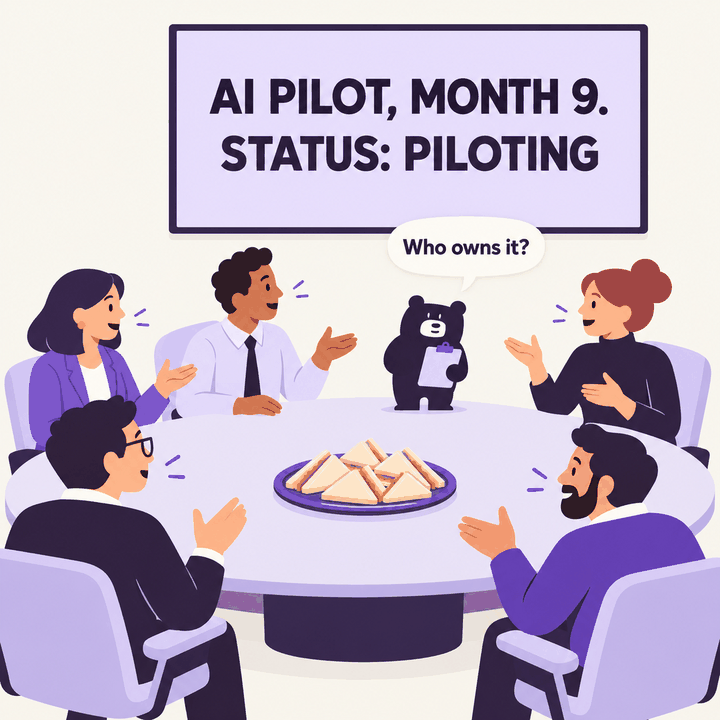 Cream and purple editorial illustration of five professionals talking around a boardroom table with a tray of untouched sandwiches. A wall screen reads, “AI PILOT, MONTH 9. STATUS: PILOTING”. Tiny Mr Beanz stands at the far end with a clipboard and asks, “Who owns it?”